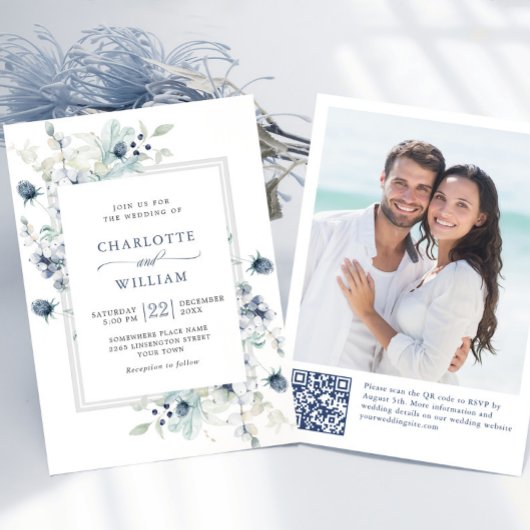 エレガントなダスティーブルーのボヘミアンレトロな冬の葉のウェディング 招待状