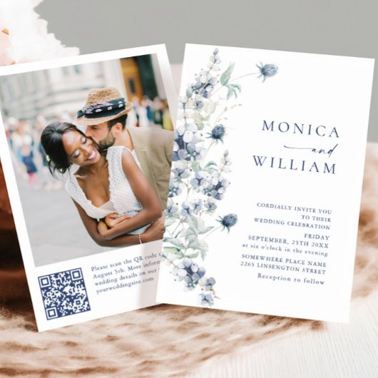 エレガントなダスティーブルーのボヘミアンワインター フォリアージウェディング 招待状