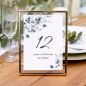 エレガントなダスティーブルーの冬の葉のウェディングテーブルナンバー テーブルナンバー