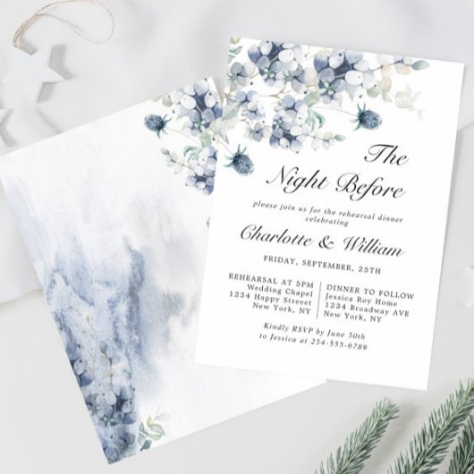 エレガントなダスティーブルーの冬の葉の彩りのリハーサルディナー 招待状