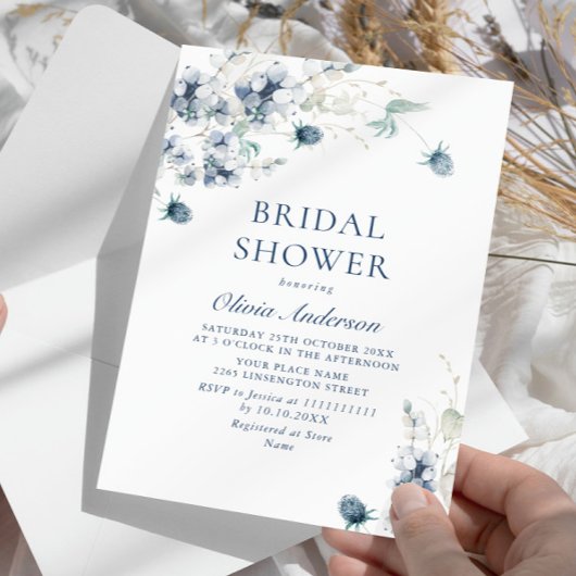 エレガントなダスティーブルーの冬の葉 ブライダルシャワー 招待状