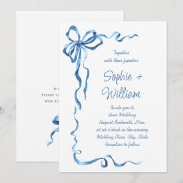 エレガントなダスティーブルーの手描きリボンウェディング 招待状
