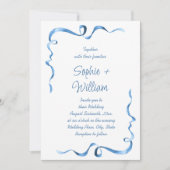 エレガントなダスティーブルーの手描きリボンウェディング 招待状 (正面)