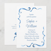 エレガントなダスティーブルーの手描きリボンウェディング