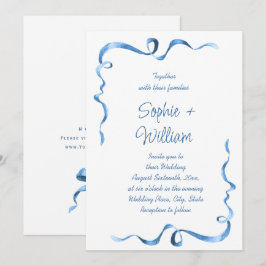 エレガントなダスティーブルーの手描きリボンウェディング 招待状
