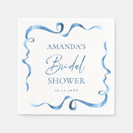 エレガントなダスティーブルーの手描きリボン ブライダルシャワー スタンダードカクテルナプキン