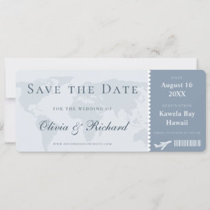 エレガントなダスティーブルーの搭乗券風Save the Date 招待状