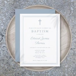 エレガントなダスティーブルーの枠線が付いた洗礼招待状 ポストカード