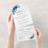 エレガントなダスティーブルーの水彩花束 オールインワン招待状 (貼ってはがせる)