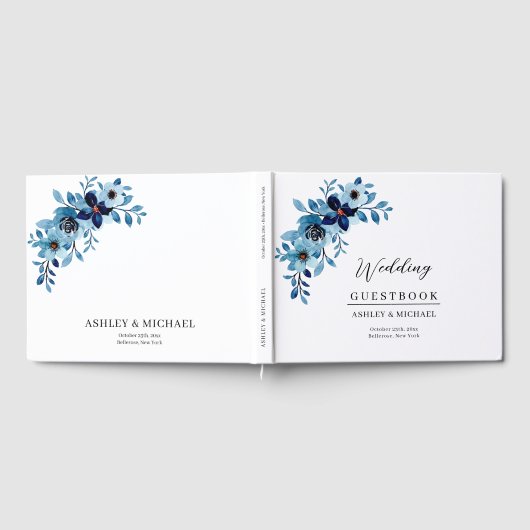 エレガントなダスティーブルーの水彩花束 ゲストブック (全面)