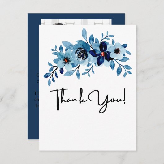 エレガントなダスティーブルーの水彩花束 サンキューカード (正面/裏面)