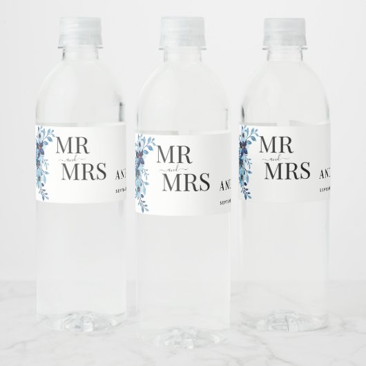 エレガントなダスティーブルーの水彩花束 ペットボトルラベル (ボトル)