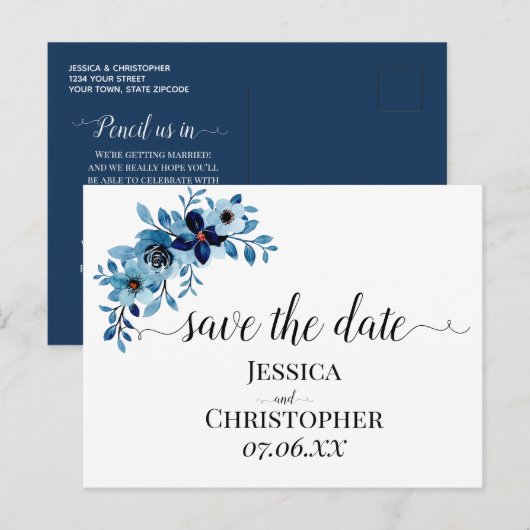 エレガントなダスティーブルーの水彩花束 案内ポストカード (正面/裏面)