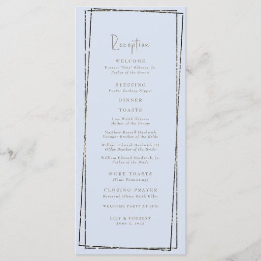 エレガントなダスティーブルーの結婚式の乾杯カード メニュー (正面)