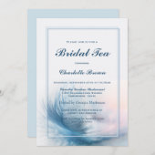 エレガントなダスティーブルーの羽毛を使用したブライダルティー 招待状 (正面/裏面)