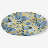 エレガントなダスティーブルーの花とゴールドのラウンドパーティー ペーパープレート (アングル)