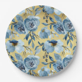 エレガントなダスティーブルーの花とゴールドのラウンドパーティー ペーパープレート (正面)