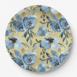 エレガントなダスティーブルーの花とゴールドのラウンドパーティー ペーパープレート