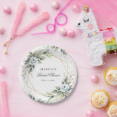 エレガントなダスティーブルーの花と緑の結婚前お祝い ペーパープレート (パーティー)