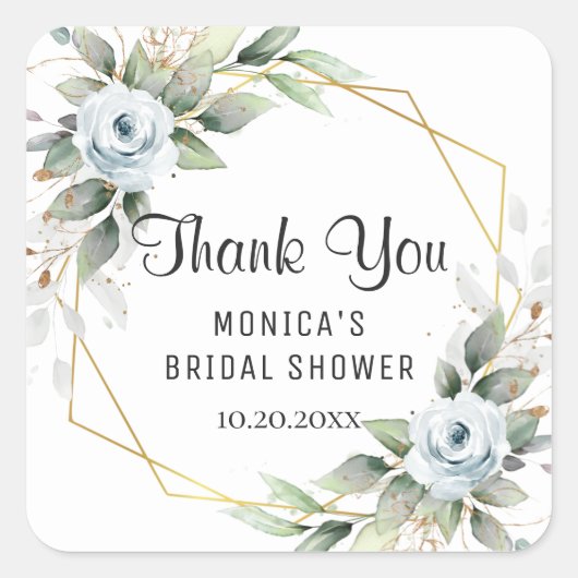 エレガントなダスティーブルーの花と緑の ブライダルシャワー スクエアシール (正面)
