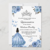 エレガントなダスティーブルーの花と蝶のキンセアニエラ 招待状 (正面)