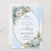エレガントなダスティーブルーの花のゴールド結婚式の招待状 招待状 (正面)