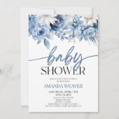 エレガントなダスティーブルーの花のベイビーシャワー 招待状 (正面)