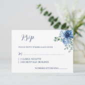 エレガントなダスティーブルーの花のユーカリの結婚式 出欠カード (スタンド正面)