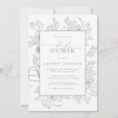 エレガントなダスティーブルーの花のラインアートベイビーシャワー 招待状 (正面)