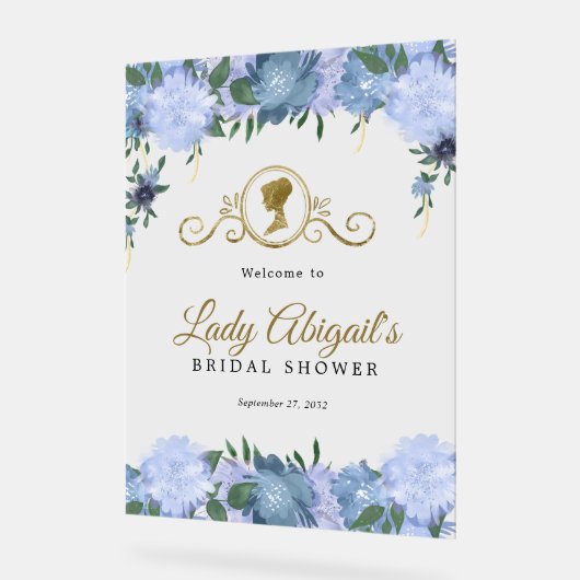 エレガントなダスティーブルーの花のヴィクトリアン風ブライズシャワー アクリルサイン (傾斜)