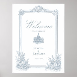 エレガントなダスティーブルーの花枠ウェディングウェルカム ポスター