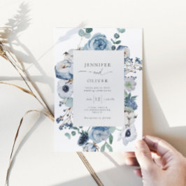 エレガントなダスティーブルーの花枠ウェディング招待状 招待状