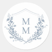 エレガントなダスティーブルーの花柄の紋章の結婚式 ラウンドシール (正面)