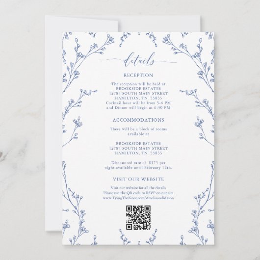 エレガントなダスティーブルーの花柄オールインワンウェディングドレス 招待状 (裏面)