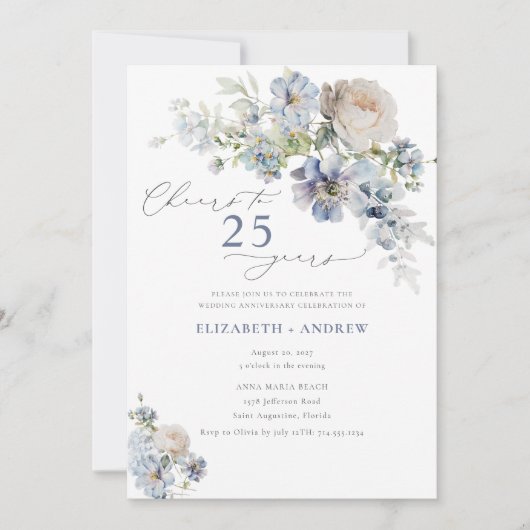 エレガントなダスティーブルーの花模様 25周年結婚記念日 招待状 (正面)