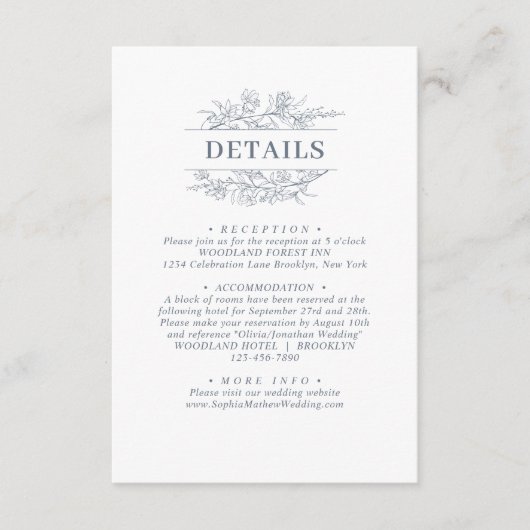 エレガントなダスティーブルーの花輪の結婚式の詳細 エンクロージャーカード (正面)