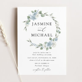 エレガントなダスティーブルーの花輪 ウェディング 招待状