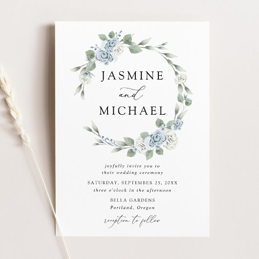 エレガントなダスティーブルーの花輪 ウェディング 招待状
