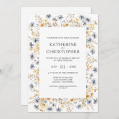 エレガントなダスティーブルーの野生の花の水彩画ウェディング 招待状 (正面/裏面)
