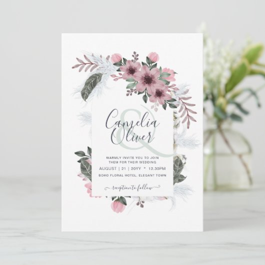 エレガントなダスティーローズアンパサンド フローラルアーチ ウェディング 招待状 (スタンド正面)