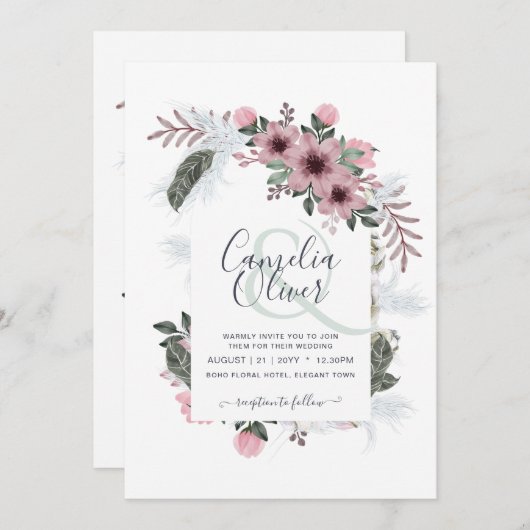 エレガントなダスティーローズアンパサンド フローラルアーチ ウェディング 招待状 (正面/裏面)