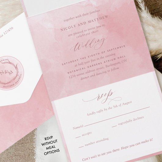 エレガントなダスティーローズ水彩画モノグラムウェディングオール オールインワン招待状