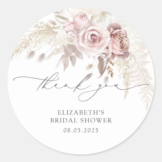 エレガントなダスティーローズ ブラッシュ ブライダルシャワー サンクス ラウンドシール (正面)