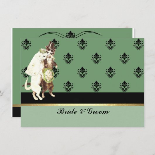 エレガントなダマスクグリーンの猫のウェディングセット招待状 招待状 (正面/裏面)