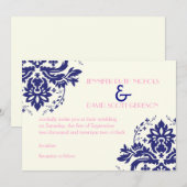 エレガントなダマスクモチーフ ネイビーブルー、ピンクの結婚式 招待状 (正面/裏面)
