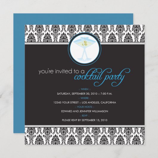 エレガントなダマスク織のカクテルのパーティの招待状(青い) 招待状 (正面/裏面)