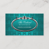 エレガントなダマスク織のティール(緑がかった色)の銀のきらめく 名刺 (正面)