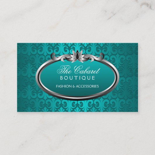 エレガントなダマスク織のティール(緑がかった色)の銀のきらめく 名刺 (正面)