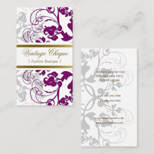 エレガントなダマスク織のヴィンテージの花の華麗さの紫色のワイン 名刺 (正面/裏面)