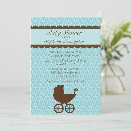 エレガントなダマスク織の乳母車のシャワーの招待 招待状 (スタンド正面)
